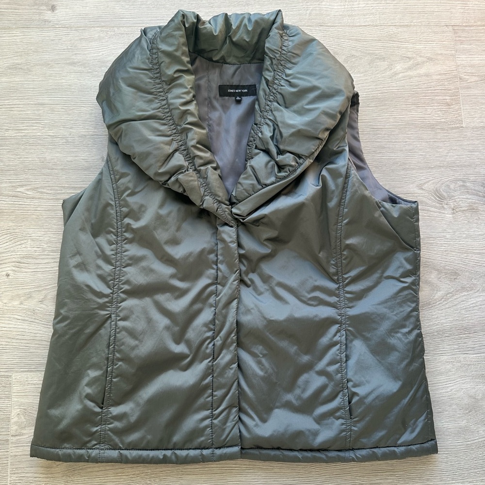 Jones New York Puffer Vest XL Taupe Gray Olive | Snap Front Lightweight Quilted